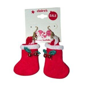 NEW Vintage Claire's Felt Dangle Hanging Christmas Stocking Holly Earrings Set